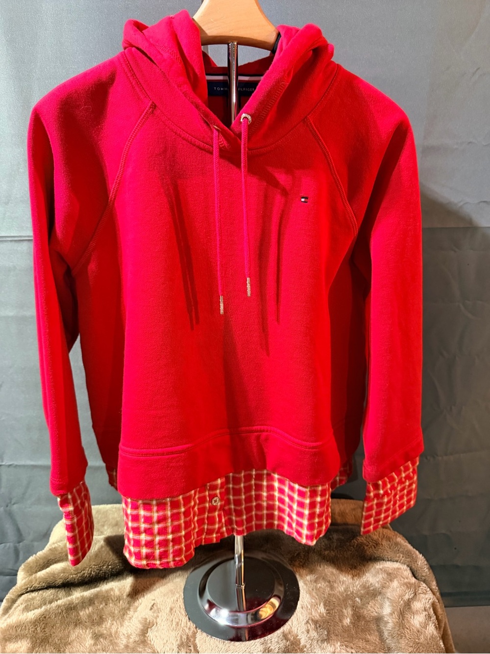 Tommy Hilfiger Women’s Bright Red Hooded Pullover with Plaid Hem